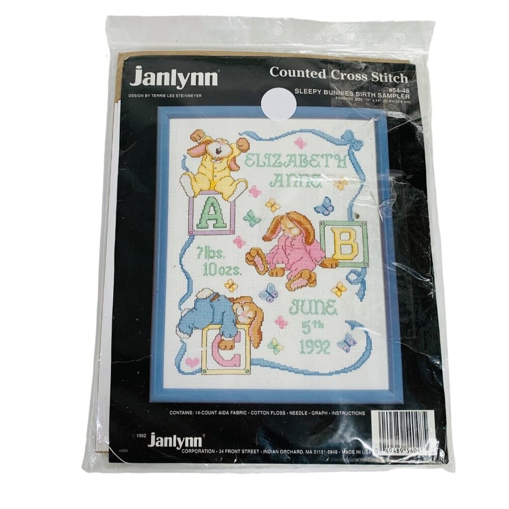 Janlynn Baby Counted Cross Stitch Kit Sleepy Bunnies Birth Announcement Gift